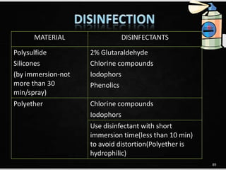 MATERIAL DISINFECTANTS
Polysulfide
Silicones
(by immersion-not
more than 30
min/spray)
2% Glutaraldehyde
Chlorine compounds
Iodophors
Phenolics
Polyether Chlorine compounds
Iodophors
Use disinfectant with short
immersion time(less than 10 min)
to avoid distortion(Polyether is
hydrophilic)
89
 