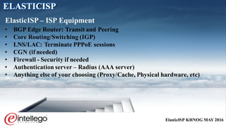 ElasticISP KHNOG MAY 2016
• BGP Edge Router: Transit and Peering
• Core Routing/Switching (IGP)
• LNS/LAC: Terminate PPPoE sessions
• CGN (if needed)
• Firewall - Security if needed
• Authentication server – Radius (AAA server)
• Anything else of your choosing (Proxy/Cache, Physical hardware, etc)
ElasticISP – ISP Equipment
ELASTICISP
 