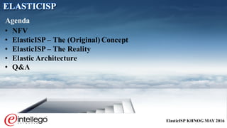 ElasticISP KHNOG MAY 2016
• NFV
• ElasticISP – The (Original) Concept
• ElasticISP – The Reality
• Elastic Architecture
• Q&A
Agenda
ELASTICISP
 
