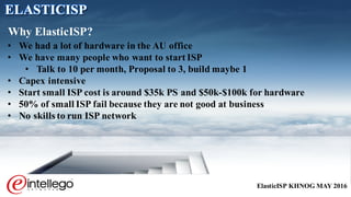 ElasticISP KHNOG MAY 2016
• We had a lot of hardware in the AU office
• We have many people who want to start ISP
• Talk to 10 per month, Proposal to 3, build maybe 1
• Capex intensive
• Start small ISP cost is around $35k PS and $50k-$100k for hardware
• 50% of small ISP fail because they are not good at business
• No skills to run ISP network
Why ElasticISP?
ELASTICISP
 