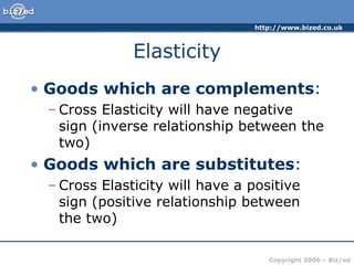Elasticity Goods which are complements : Cross Elasticity will have negative sign (inverse relationship between the two) Goods which are substitutes : Cross Elasticity will have a positive sign (positive relationship between the two) 