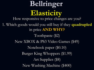 Bellringer
Elasticity
How responsive to price changes are you?
1. Which goods would you still buy if they quadrupled
in price AND WHY?
Toothpaste ($2)
New XBOX & PS3 Video Games ($49)
Notebook paper ($0.10)
Burger King Whoppers ($1.99)
Art Supplies ($8)
New Washing Machine ($400)
 