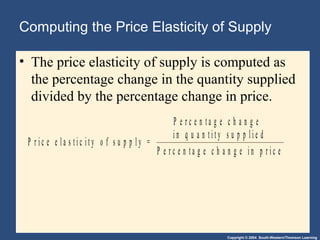 Copyright © 2004 South-Western/Thomson Learning
Computing the Price Elasticity of Supply
• The price elasticity of supply is computed as
the percentage change in the quantity supplied
divided by the percentage change in price.
P r i c e e l a s t i c i t y o f s u p p l y =
P e r c e n t a g e c h a n g e
i n q u a n t i t y s u p p l i e d
P e r c e n t a g e c h a n g e i n p r i c e
 