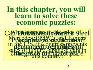 2
In this chapter, you will
learn to solve these
economic puzzles:
Can total revenue from a Steel
Porcupines concert remain
unchanged, regardless of
changes in the ticket price?
How sensitive is the
quantity of cigarettes
demanded to changes in
the price of cigarettes?
What happens to the sales of
Mercedes, BMW’s and Jaguars
in the U.S. if Congress prevents
sales of luxury Japanese cars in
this country?
 