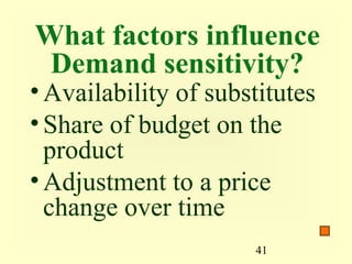 41
What factors influence
Demand sensitivity?
•Availability of substitutes
•Share of budget on the
product
•Adjustment to a price
change over time
 