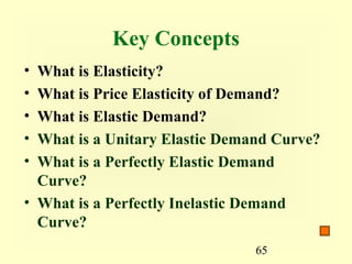 65
Key Concepts
• What is Elasticity?
• What is Price Elasticity of Demand?
• What is Elastic Demand?
• What is a Unitary Elastic Demand Curve?
• What is a Perfectly Elastic Demand
Curve?
• What is a Perfectly Inelastic Demand
Curve?
 