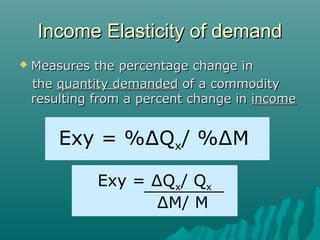 Income Elasticity of demandIncome Elasticity of demand
 Measures the percentage change inMeasures the percentage change in
thethe quantity demandedquantity demanded of a commodityof a commodity
resulting from a percent change inresulting from a percent change in incomeincome
Exy = %∆Qx/ %∆M
Exy = ∆Qx/ Qx
∆M/ M
 