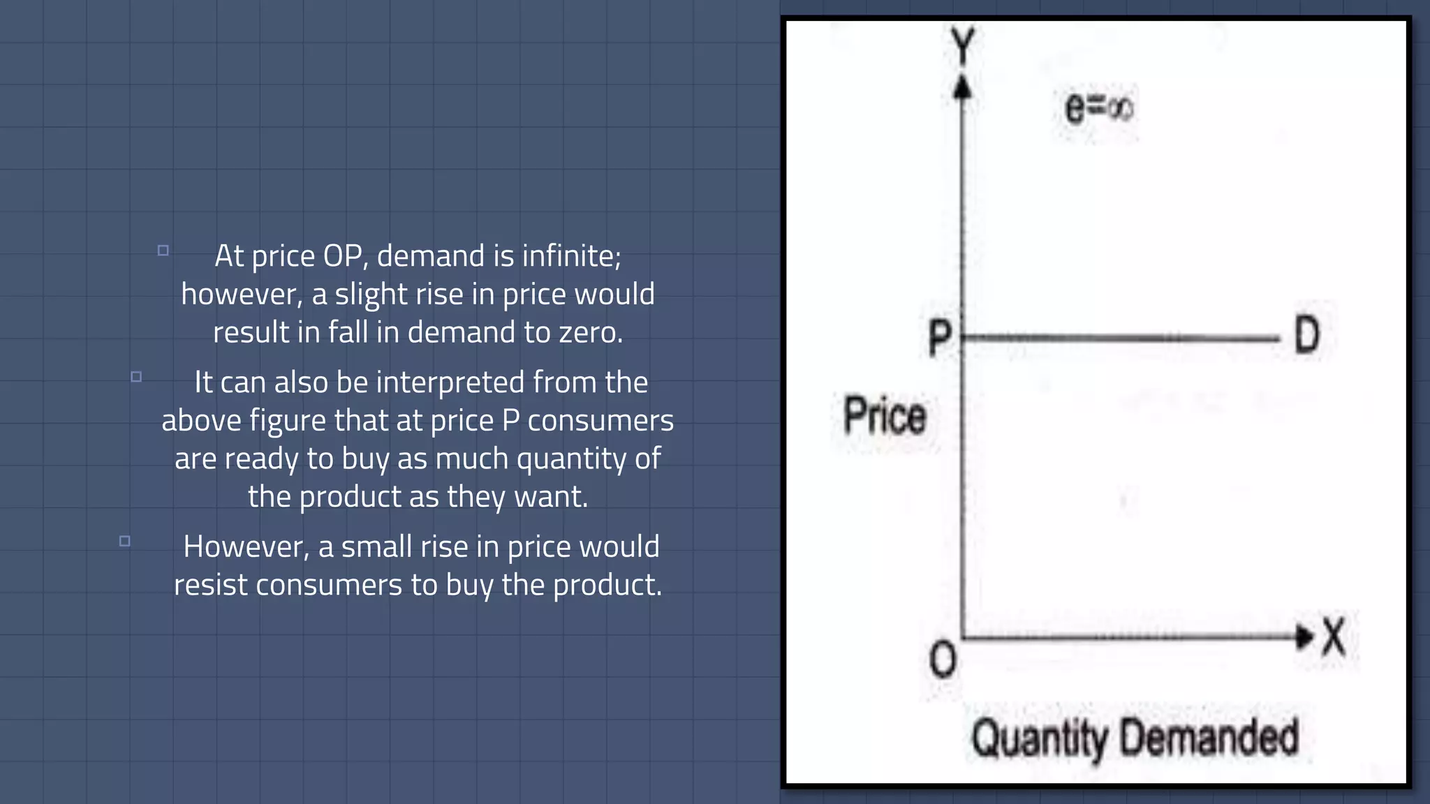 10
▫ At price OP, demand is infinite;
however, a slight rise in price would
result in fall in demand to zero.
▫ It can also be interpreted from the
above figure that at price P consumers
are ready to buy as much quantity of
the product as they want.
▫ However, a small rise in price would
resist consumers to buy the product.
 