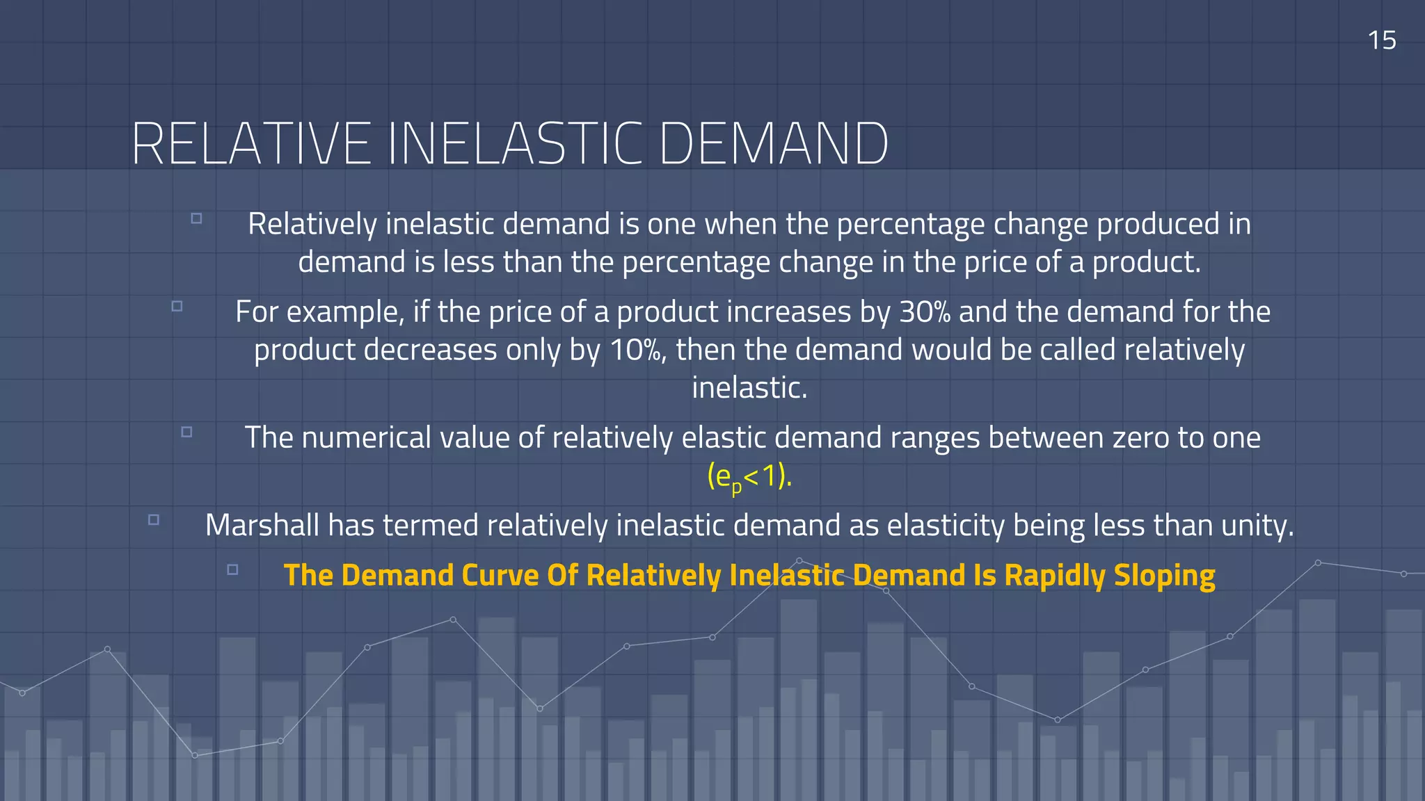 15
RELATIVE INELASTIC DEMAND
▫ Relatively inelastic demand is one when the percentage change produced in
demand is less than the percentage change in the price of a product.
▫ For example, if the price of a product increases by 30% and the demand for the
product decreases only by 10%, then the demand would be called relatively
inelastic.
▫ The numerical value of relatively elastic demand ranges between zero to one
(ep<1).
▫ Marshall has termed relatively inelastic demand as elasticity being less than unity.
▫ The Demand Curve Of Relatively Inelastic Demand Is Rapidly Sloping
 