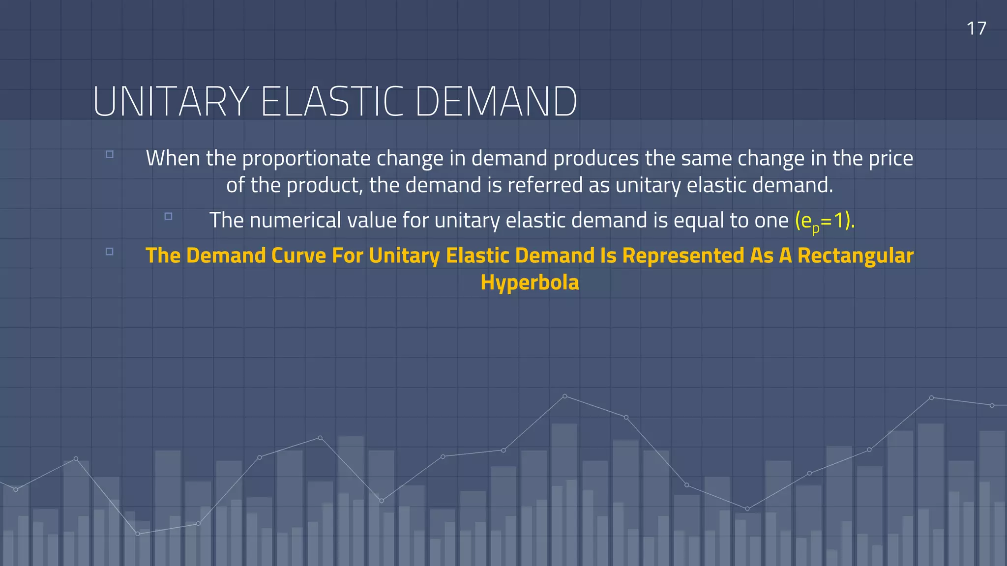 17
UNITARY ELASTIC DEMAND
▫ When the proportionate change in demand produces the same change in the price
of the product, the demand is referred as unitary elastic demand.
▫ The numerical value for unitary elastic demand is equal to one (ep=1).
▫ The Demand Curve For Unitary Elastic Demand Is Represented As A Rectangular
Hyperbola
 