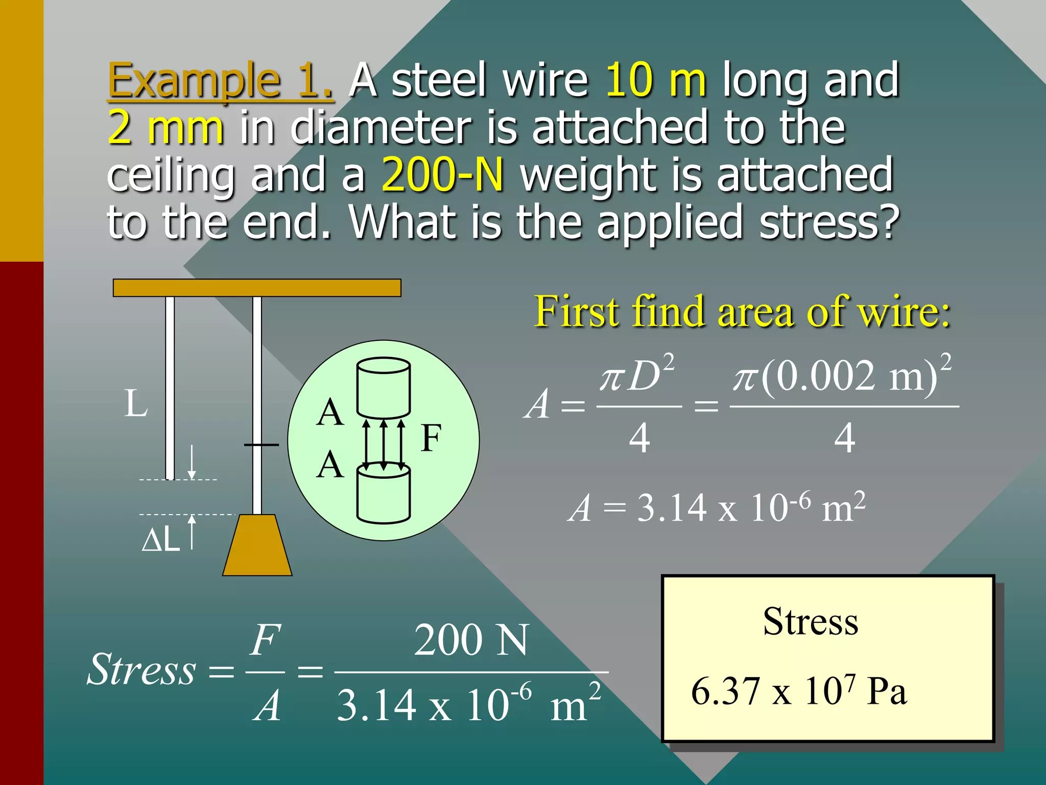 Example 1. A steel wire 10 m long and
2 mm in diameter is attached to the
ceiling and a 200-N weight is attached
to the end. What is the applied stress?
L
L
A
A
F
First find area of wire:
2 2
(0.002 m)
4 4
D
A
 
 
A = 3.14 x 10-6 m2
-6 2
200 N
3.14 x 10 m
F
Stress
A
 
Stress
6.37 x 107 Pa
 