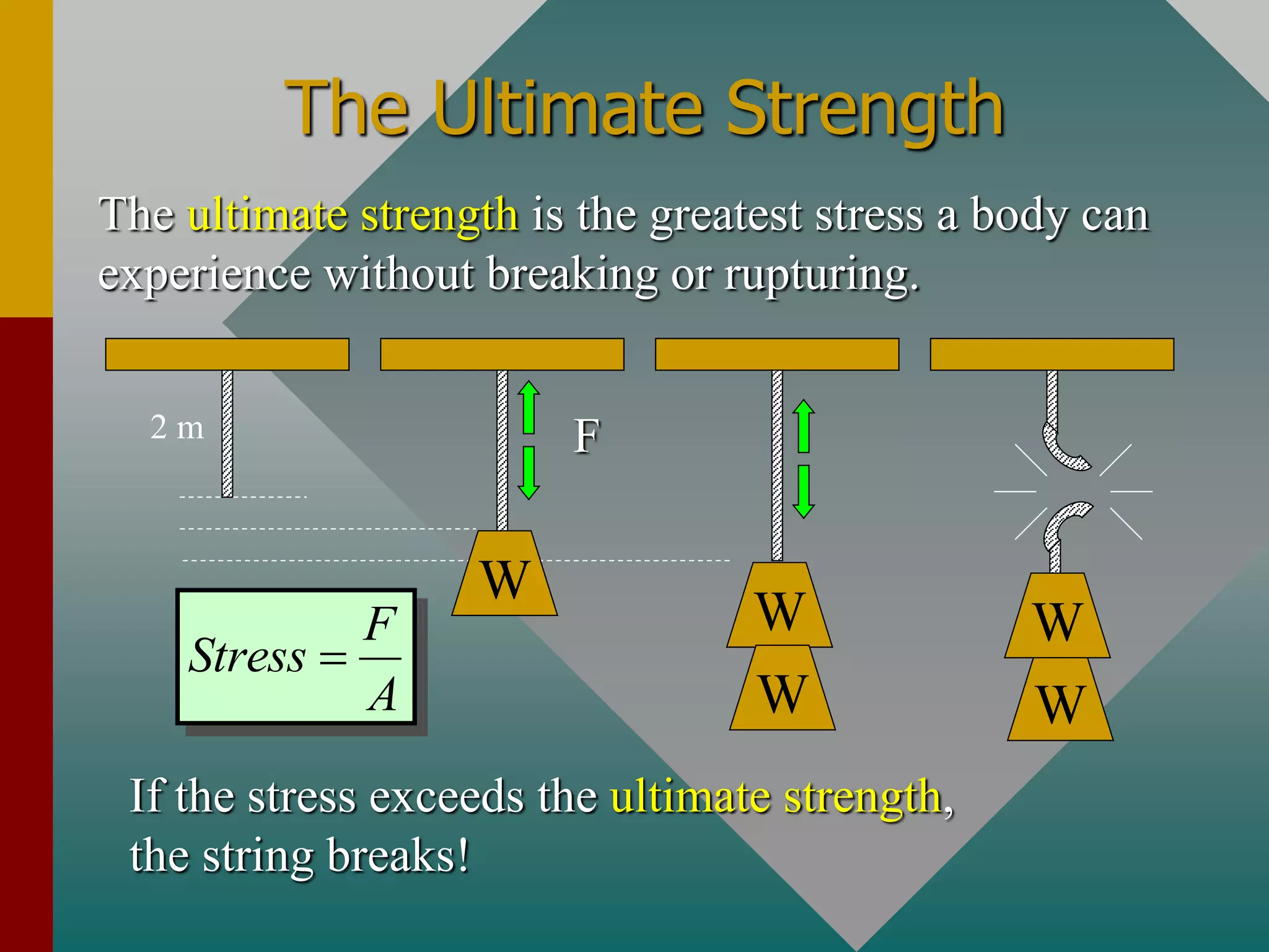 The Ultimate Strength
The ultimate strength is the greatest stress a body can
experience without breaking or rupturing.
If the stress exceeds the ultimate strength,
the string breaks!
F
W
W
W
2 m
F
Stress
A

W
W
 