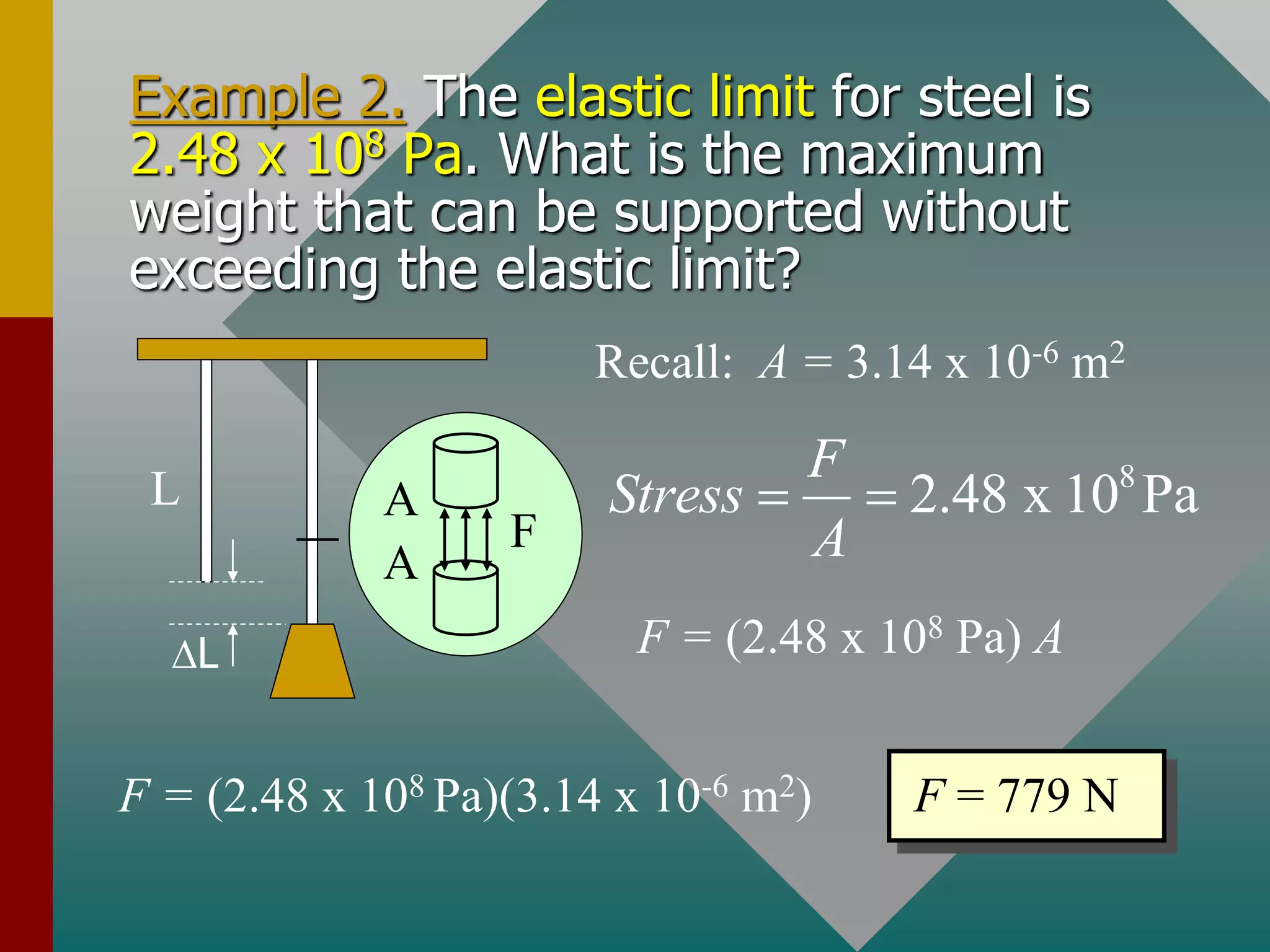 Example 2. The elastic limit for steel is
2.48 x 108 Pa. What is the maximum
weight that can be supported without
exceeding the elastic limit?
L
L
A
A
F
8
2.48 x 10 Pa
F
Stress
A
 
Recall: A = 3.14 x 10-6 m2
F = (2.48 x 108 Pa) A
F = (2.48 x 108 Pa)(3.14 x 10-6 m2) F = 779 N
 