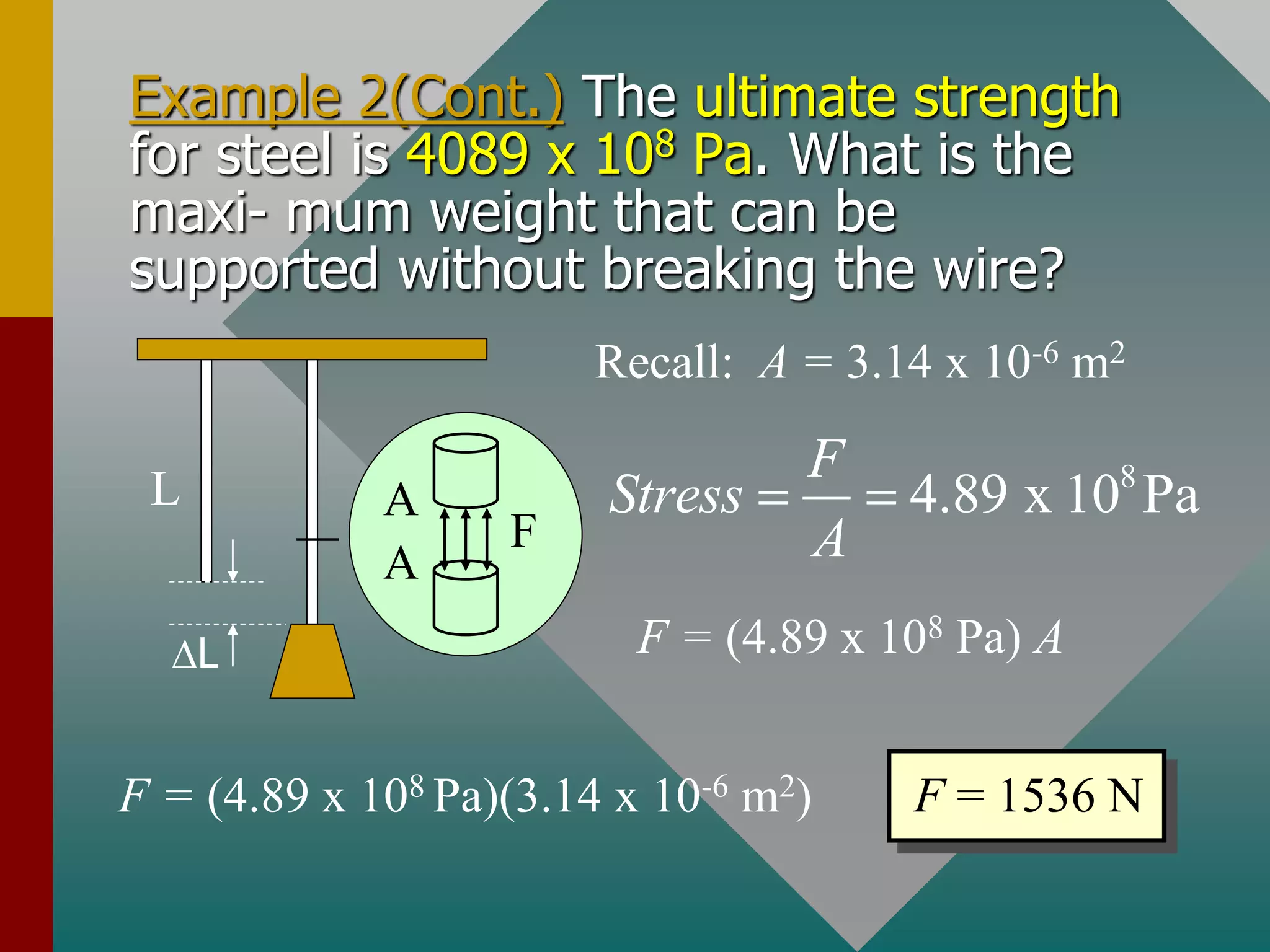 Example 2(Cont.) The ultimate strength
for steel is 4089 x 108 Pa. What is the
maxi- mum weight that can be
supported without breaking the wire?
L
L
A
A
F
8
4.89 x 10 Pa
F
Stress
A
 
Recall: A = 3.14 x 10-6 m2
F = (4.89 x 108 Pa) A
F = (4.89 x 108 Pa)(3.14 x 10-6 m2) F = 1536 N
 