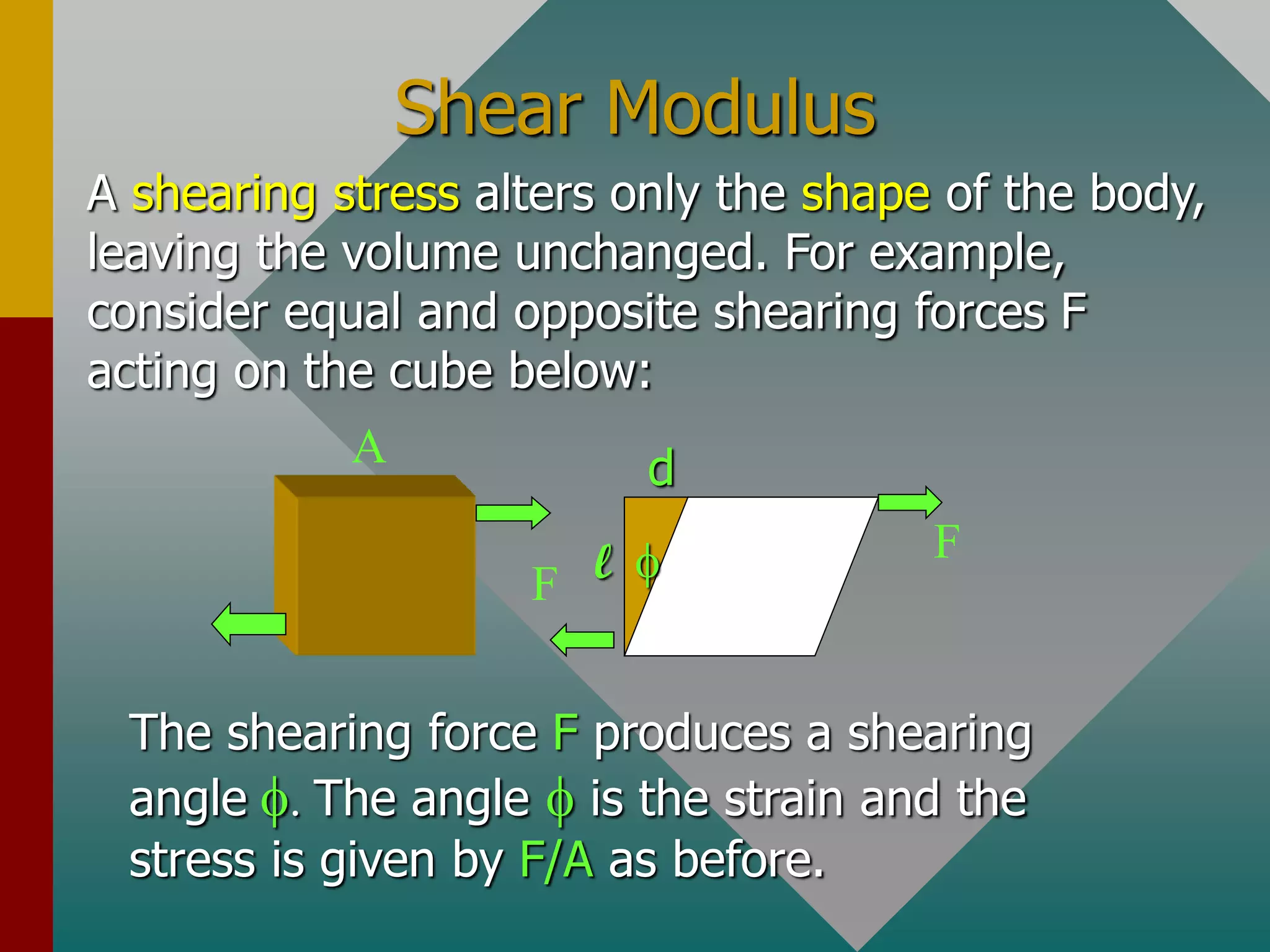 Shear Modulus
A
F
F
f
l
d
A shearing stress alters only the shape of the body,
leaving the volume unchanged. For example,
consider equal and opposite shearing forces F
acting on the cube below:
The shearing force F produces a shearing
angle f. The angle f is the strain and the
stress is given by F/A as before.
 
