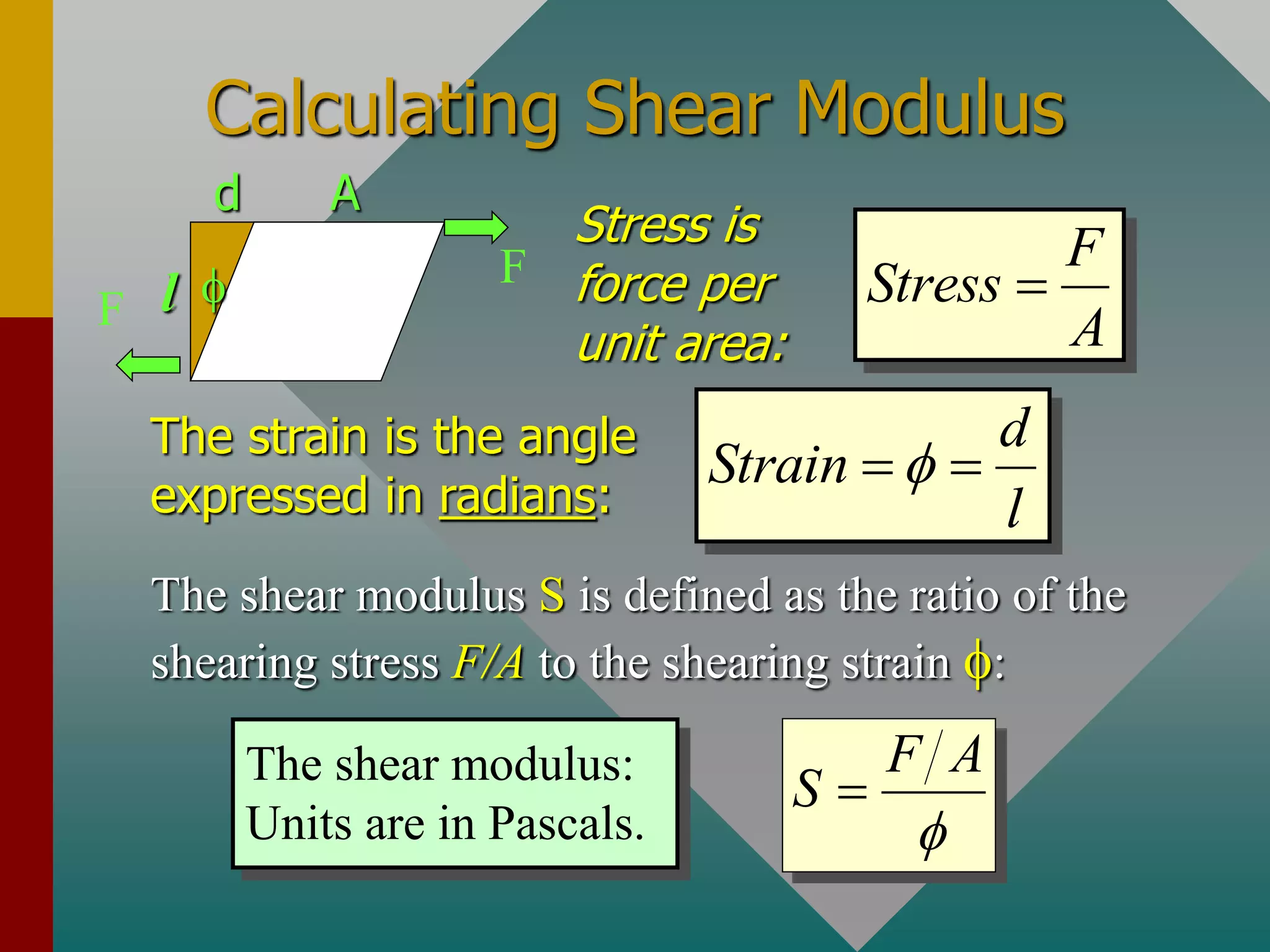 Calculating Shear Modulus
F
Stress
A

d
Strain
l
f
 
F
F
f
l
d A
The strain is the angle
expressed in radians:
Stress is
force per
unit area:
The shear modulus S is defined as the ratio of the
shearing stress F/A to the shearing strain f:
The shear modulus:
Units are in Pascals.
F A
S
f

 