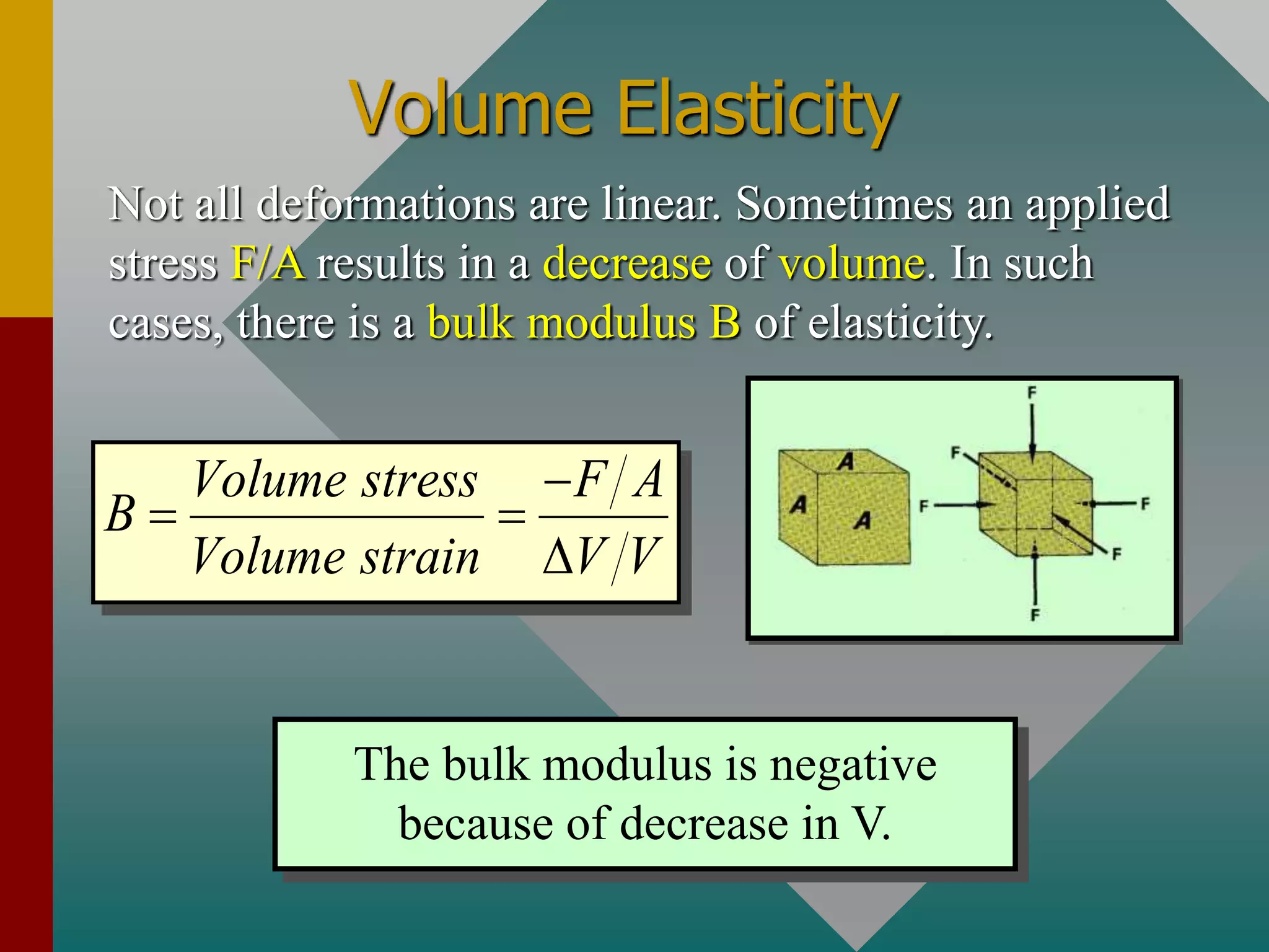 Volume Elasticity
Not all deformations are linear. Sometimes an applied
stress F/A results in a decrease of volume. In such
cases, there is a bulk modulus B of elasticity.
Volume stress F A
B
Volume strain V V

 

The bulk modulus is negative
because of decrease in V.
 