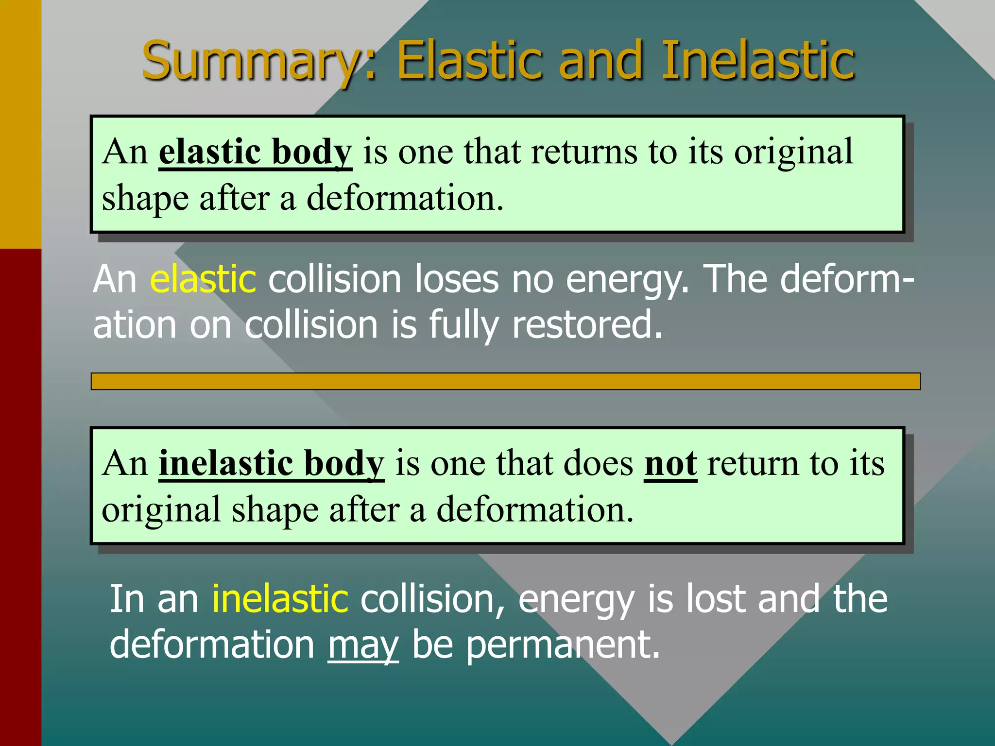 Summary: Elastic and Inelastic
An inelastic body is one that does not return to its
original shape after a deformation.
In an inelastic collision, energy is lost and the
deformation may be permanent.
An elastic collision loses no energy. The deform-
ation on collision is fully restored.
An elastic body is one that returns to its original
shape after a deformation.
 
