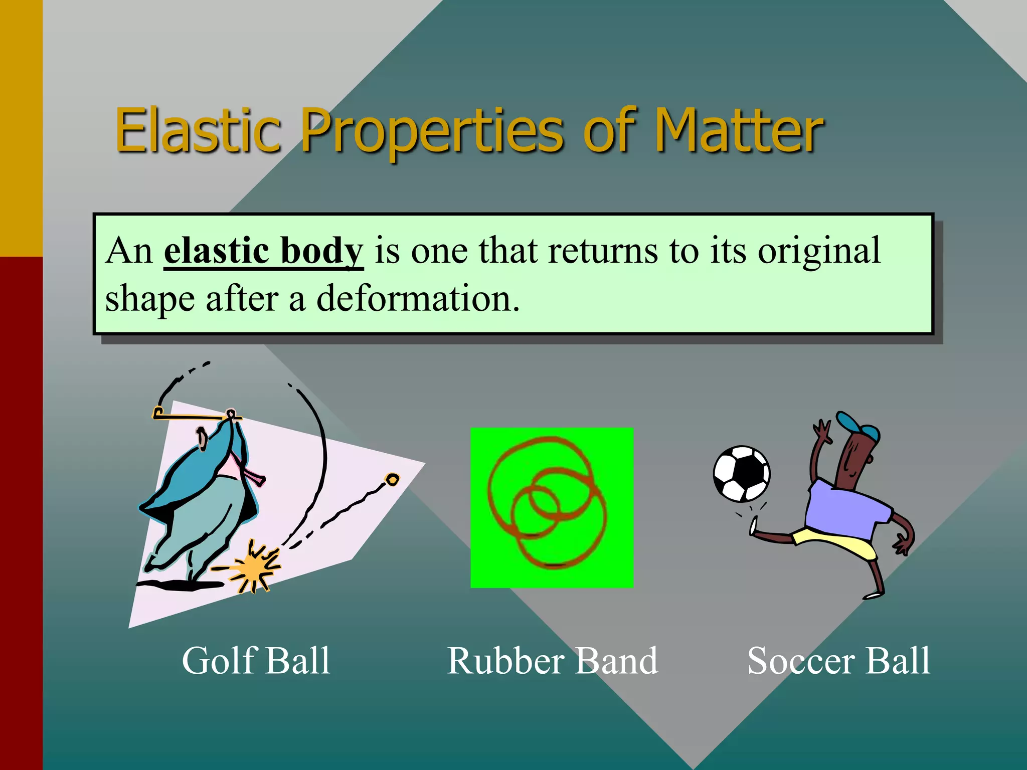 Elastic Properties of Matter
An elastic body is one that returns to its original
shape after a deformation.
Golf Ball Soccer Ball
Rubber Band
 