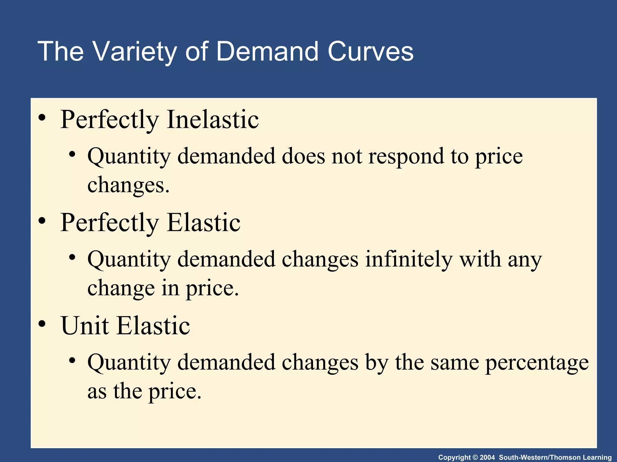 The Variety of Demand Curves Perfectly Inelastic Quantity demanded does not respond to price changes. Perfectly Elastic Quantity demanded changes infinitely with any change in price. Unit Elastic Quantity demanded changes by the same percentage as the price. 