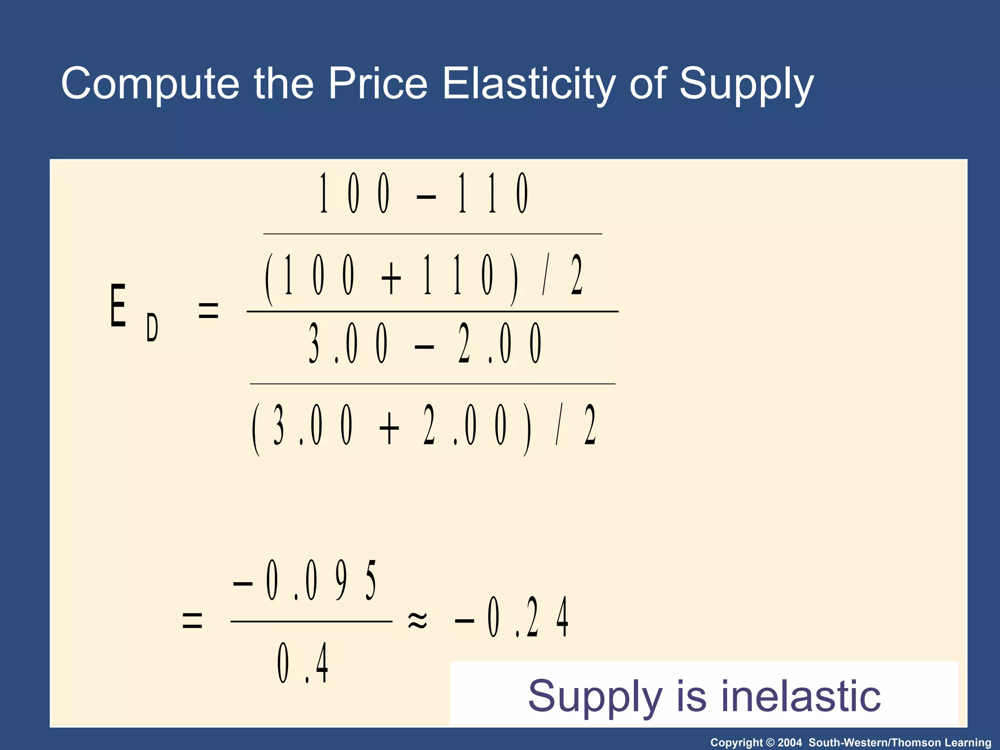 Compute the Price Elasticity of Supply Supply is inelastic 