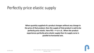 Perfectly price elastic supply
When quantity supplied of a product changes without any change in
the price of that product, then the supply of that product is said to be
perfectly price elastic. Here PES = ∞ or n.d.. When the product
experiences perfectly price elastic supply then its supply curve is
parallel to horizontal axis.
24-09-2018
Sachin Sachdeva, Dhirubhai Ambani International School,
Mumbai, India
 