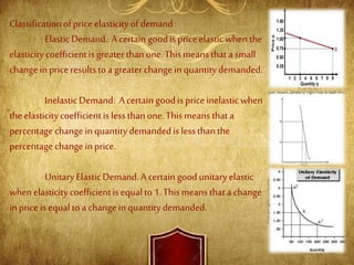 Classificationofpriceelasticityofdemand
ElasticDemand. Acertaingoodispriceelasticwhenthe
elasticitycoefficientisgreater thanone.Thismeansthata small
changeinpriceresultstoa greater changeinquantitydemanded.
InelasticDemand. Acertaingoodispriceinelasticwhen
theelasticitycoefficientislessthanone.Thismeansthata
percentagechangeinquantitydemandedislessthanthe
percentagechangeinprice.
UnitaryElasticDemand.Acertaingoodunitaryelastic
whenelasticitycoefficientisequalto1.Thismeansthata change
inpriceisequaltoa changeinquantitydemanded.
 