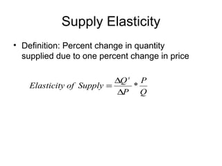 Supply Elasticity
• Definition: Percent change in quantity
supplied due to one percent change in price
Q
P
P
Q
SupplyofElasticity
s
*
∆
∆
=
 