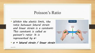 Poisson’s Ratio
• Within the elastic limit, the
ratio between lateral strain
and linear strain is a constant.
This constant is called as
poisson’s ratio. It is
represented by 𝝈.
• 𝝈 = lateral strain / linear strain
faisal, GUB
 