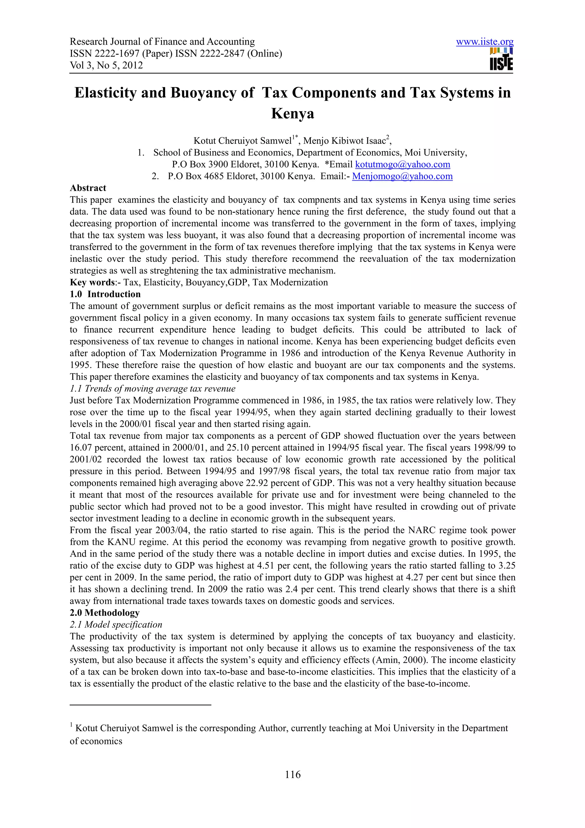 Elasticity and buoyancy of tax components and tax systems in kenya PDF