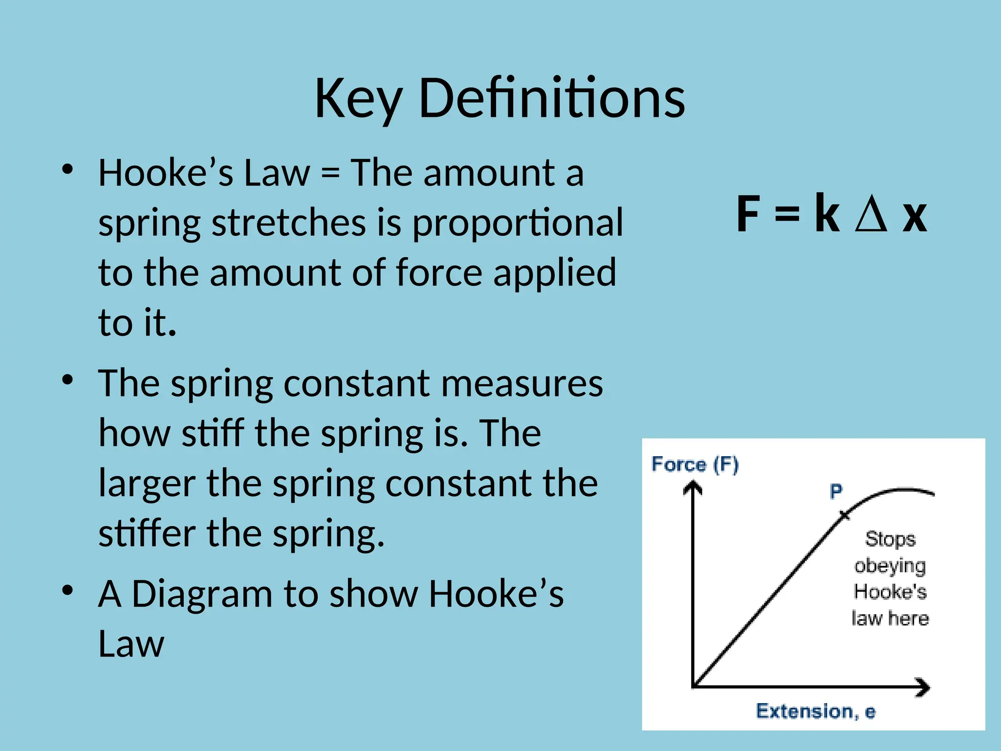 Key Definitions
• Hooke’s Law = The amount a
spring stretches is proportional
to the amount of force applied
to it.
• The spring constant measures
how stiff the spring is. The
larger the spring constant the
stiffer the spring.
• A Diagram to show Hooke’s
Law
F = k ∆ x
 