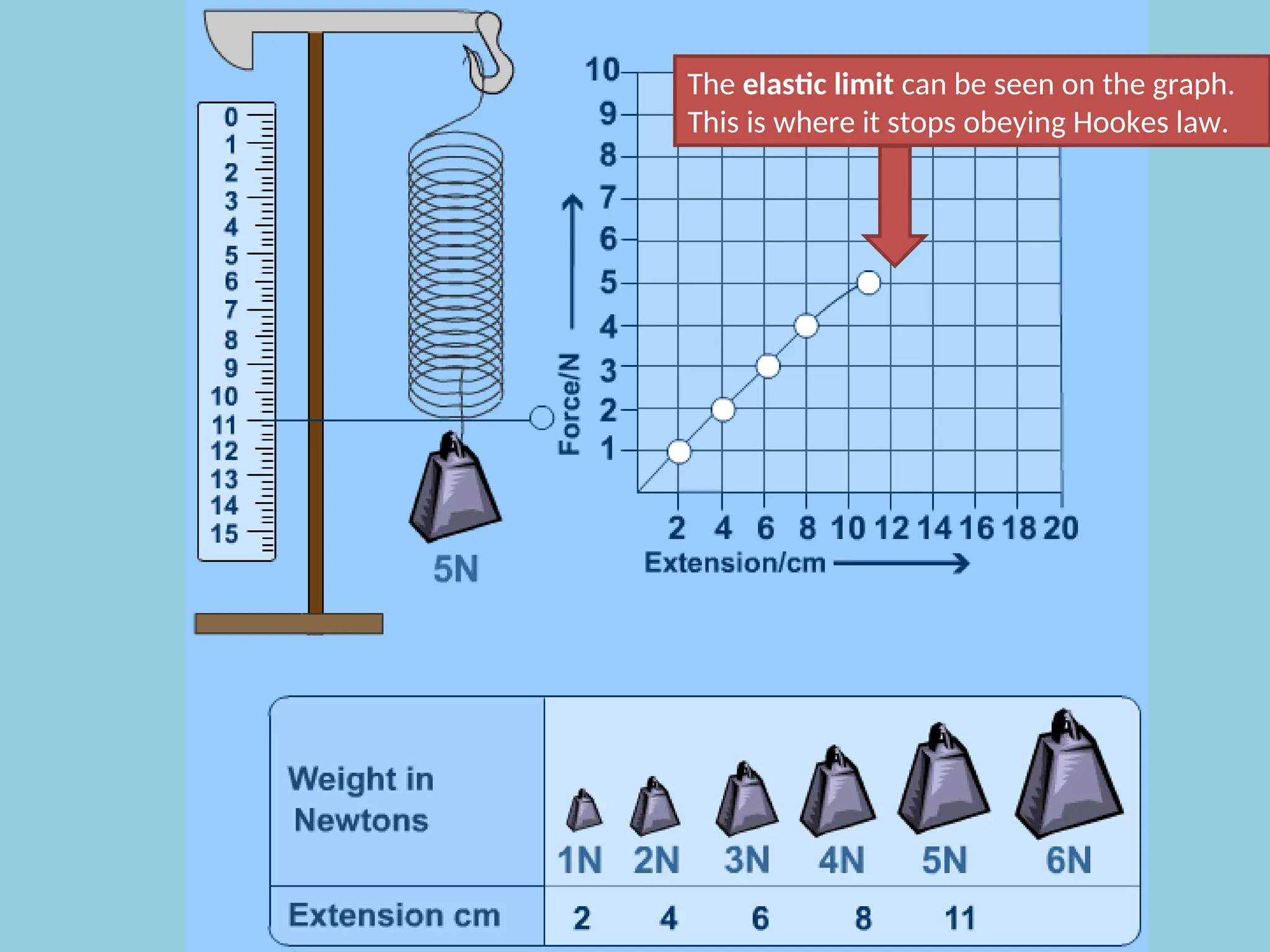 The elastic limit can be seen on the graph.
This is where it stops obeying Hookes law.
 
