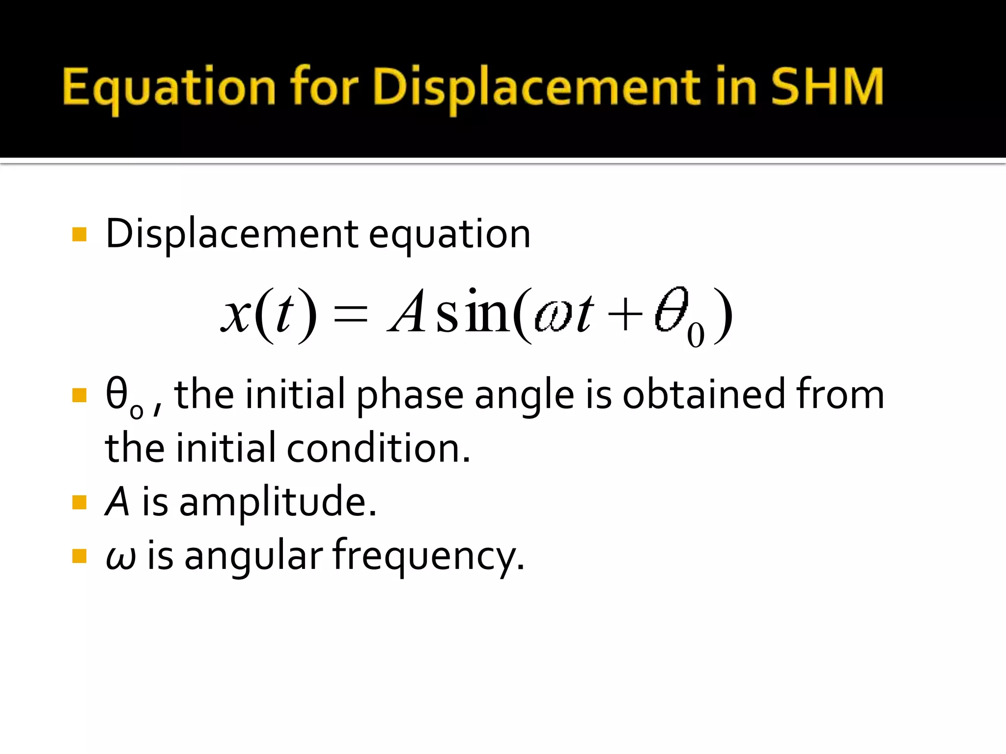 Equation for Displacement in SHMDisplacement equationθ0 , the initial phase angle is obtained from the initial condition.A is amplitude.ω is angular frequency.