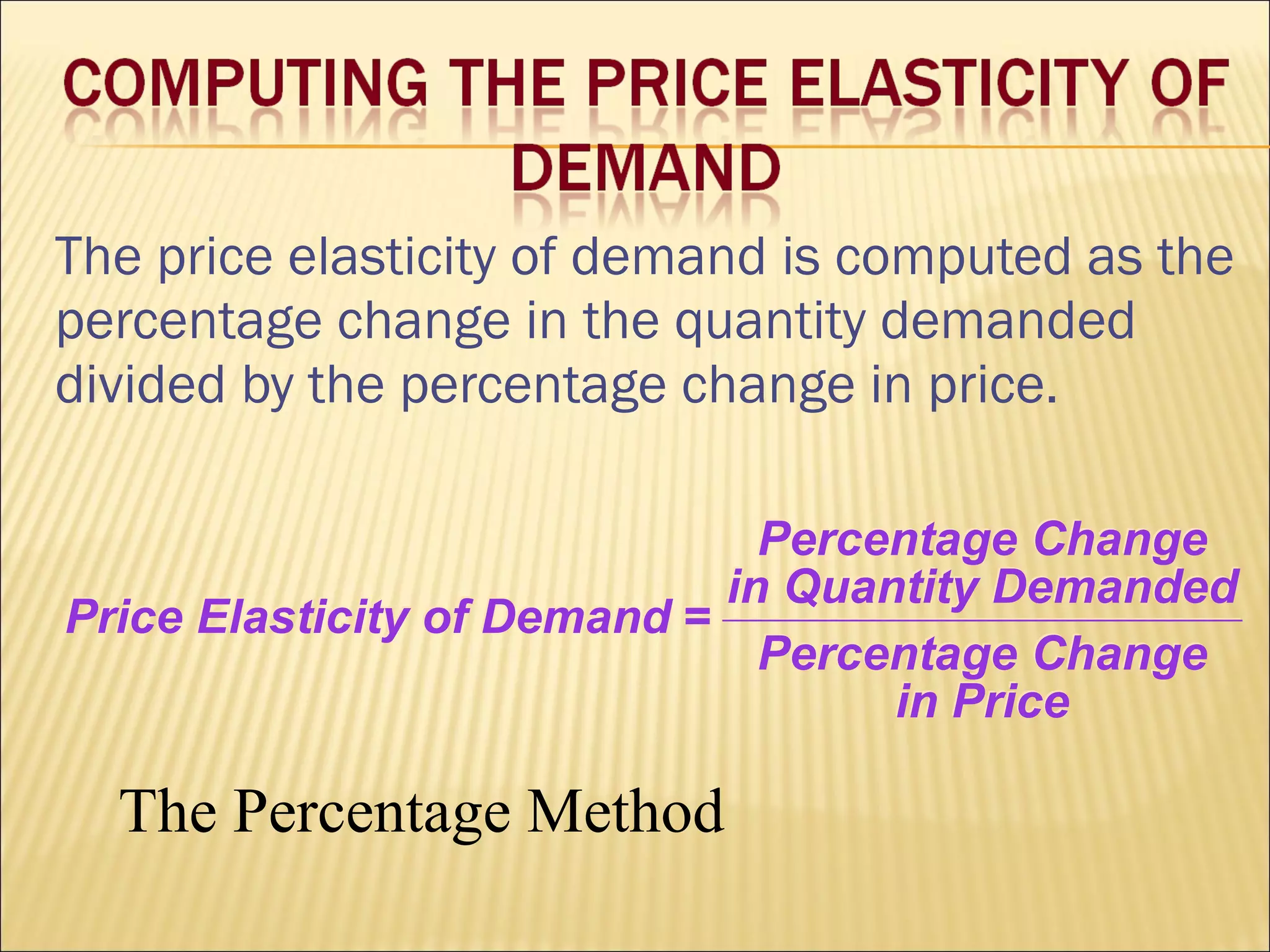 The price elasticity of demand is computed as the
percentage change in the quantity demanded
divided by the percentage change in price.
Price Elasticity of Demand =
Percentage Change
in Quantity Demanded
Percentage Change
in Price
Price Elasticity of Demand =
Percentage Change
in Quantity Demanded
Percentage Change
in Price
The Percentage Method
 