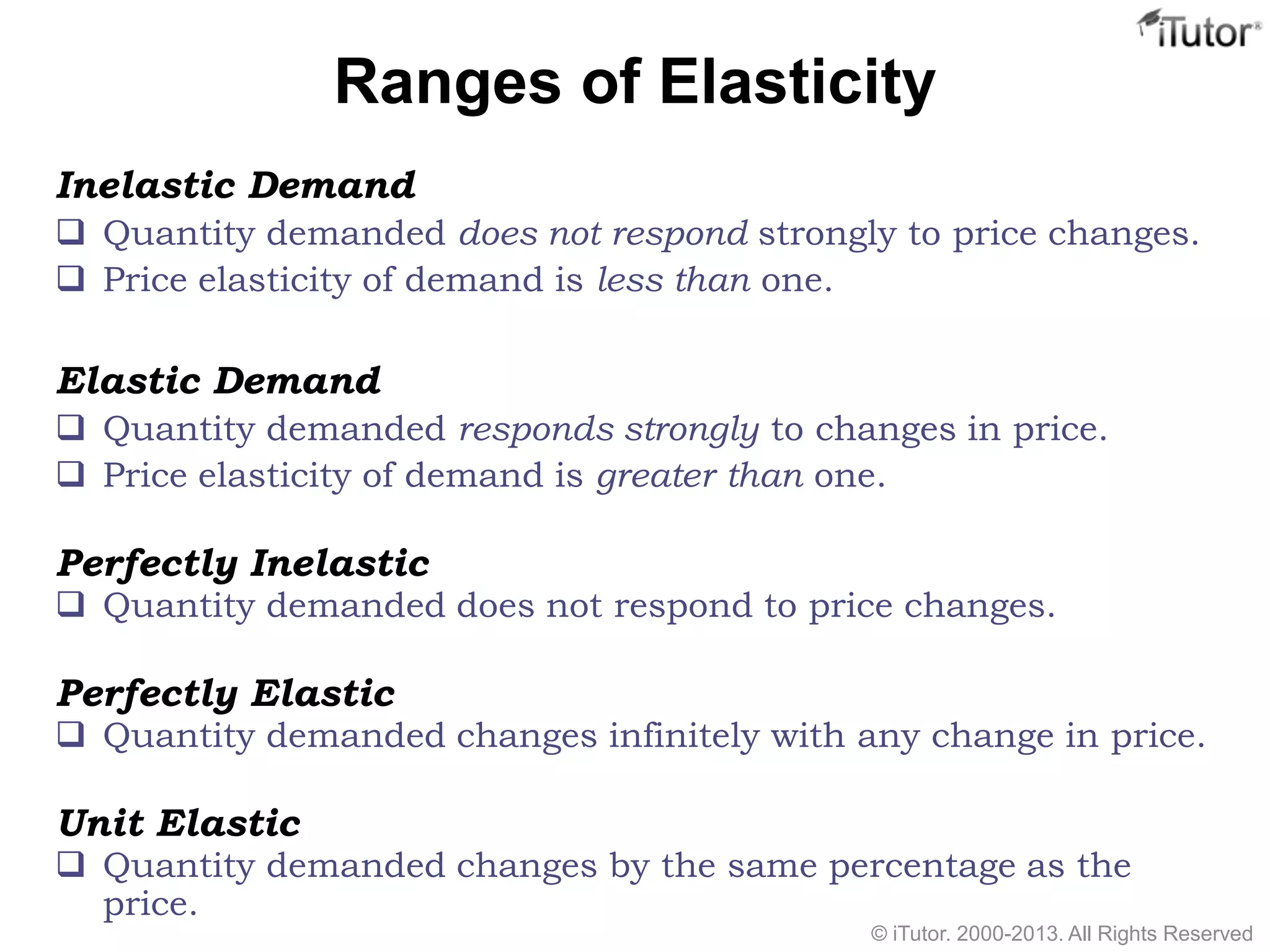 Ranges of Elasticity
Inelastic Demand
 Quantity demanded does not respond strongly to price changes.
 Price elasticity of demand is less than one.
Elastic Demand
 Quantity demanded responds strongly to changes in price.
 Price elasticity of demand is greater than one.
Perfectly Inelastic
 Quantity demanded does not respond to price changes.
Perfectly Elastic
 Quantity demanded changes infinitely with any change in price.
Unit Elastic
 Quantity demanded changes by the same percentage as the
price.
© iTutor. 2000-2013. All Rights Reserved
 