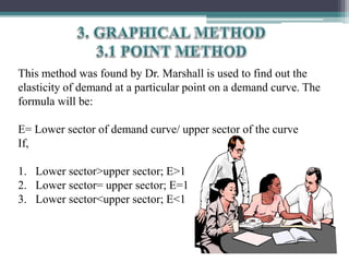 This method was found by Dr. Marshall is used to find out the
elasticity of demand at a particular point on a demand curve. The
formula will be:
E= Lower sector of demand curve/ upper sector of the curve
If,
1. Lower sector>upper sector; E>1
2. Lower sector= upper sector; E=1
3. Lower sector<upper sector; E<1
 