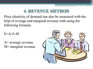 Price elasticity of demand can also be measured with the
help of average and marginal revenue with using the
following formula:
E=A/A-M
A= average revenue
M= marginal revenue
 