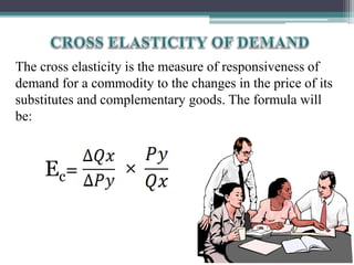 The cross elasticity is the measure of responsiveness of
demand for a commodity to the changes in the price of its
substitutes and complementary goods. The formula will
be:
Ec= ×
 