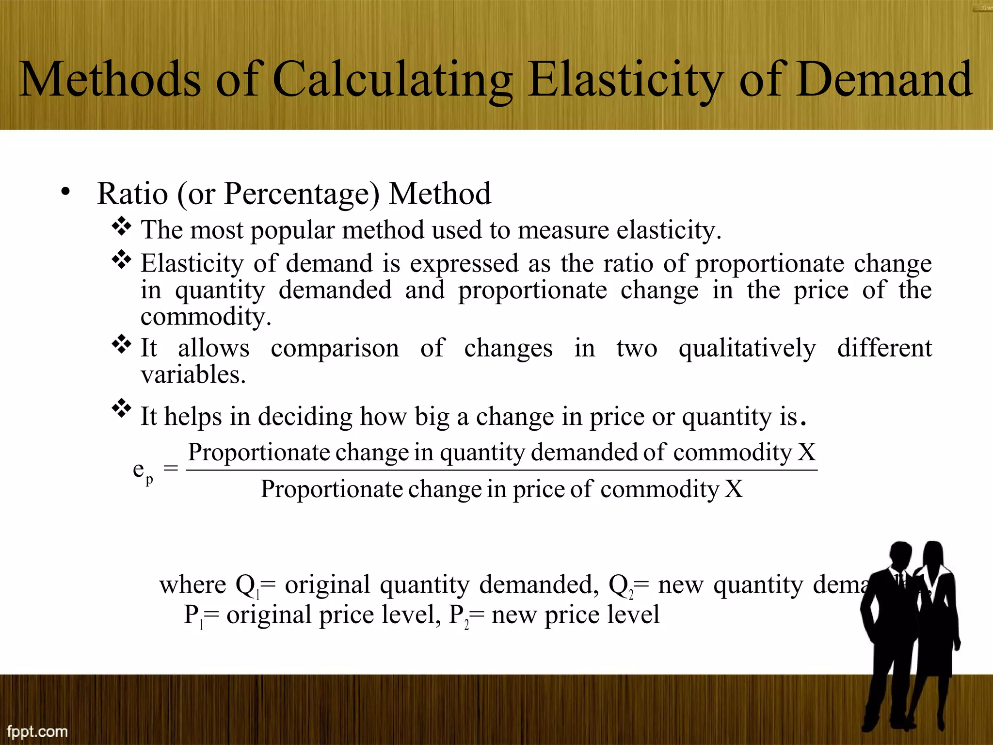 Methods of Calculating Elasticity of Demand
• Ratio (or Percentage) Method
 The most popular method used to measure elasticity.
 Elasticity of demand is expressed as the ratio of proportionate change
in quantity demanded and proportionate change in the price of the
commodity.
 It allows comparison of changes in two qualitatively different
variables.
 It helps in deciding how big a change in price or quantity is.
where Q1= original quantity demanded, Q2= new quantity demanded,
P1= original price level, P2= new price level
XcommodityofpriceinchangeateProportion
XcommodityofdemandedquantityinchangeateProportion
=ep
 