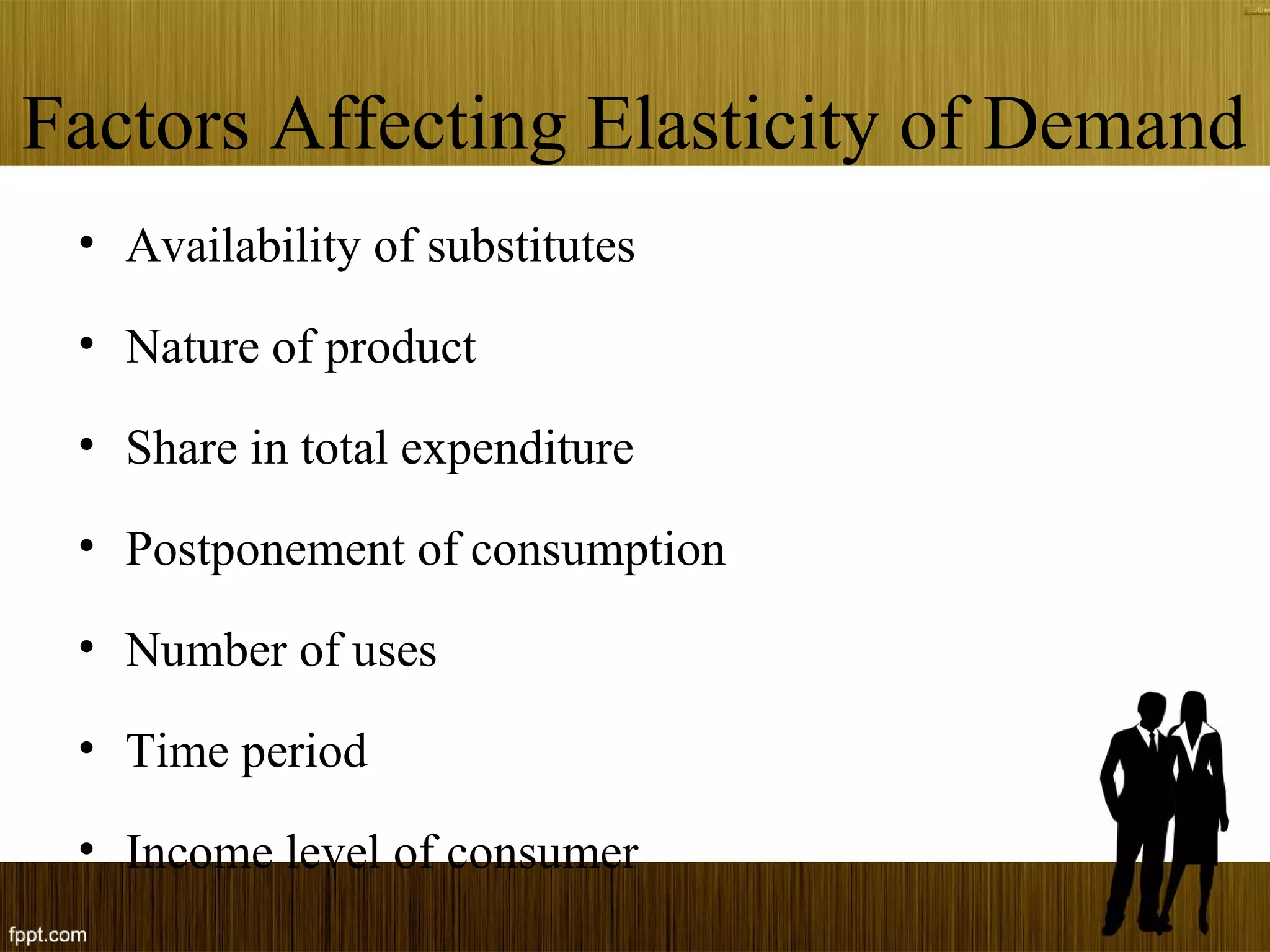 Factors Affecting Elasticity of Demand
• Availability of substitutes
• Nature of product
• Share in total expenditure
• Postponement of consumption
• Number of uses
• Time period
• Income level of consumer
 