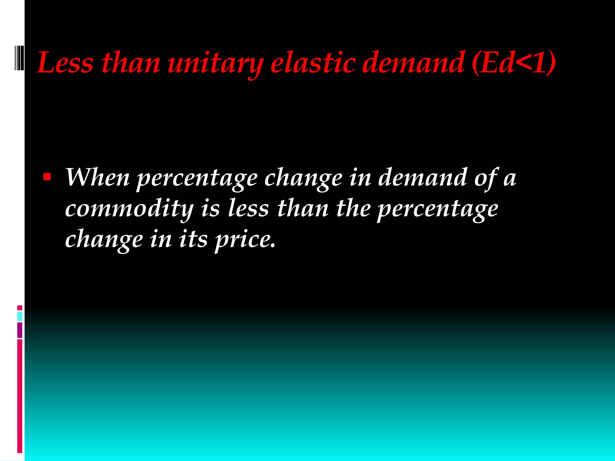 Less than unitary elastic demand (Ed<1)
 When percentage change in demand of a
commodity is less than the percentage
change in its price.
 