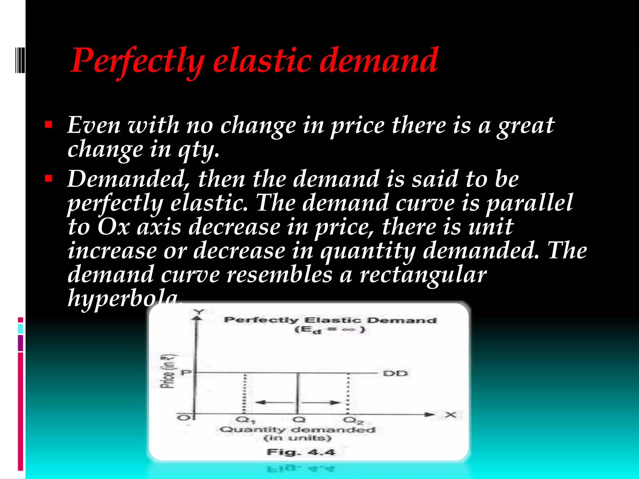 Perfectly elastic demand
 Even with no change in price there is a great
change in qty.
 Demanded, then the demand is said to be
perfectly elastic. The demand curve is parallel
to Ox axis decrease in price, there is unit
increase or decrease in quantity demanded. The
demand curve resembles a rectangular
hyperbola.
 