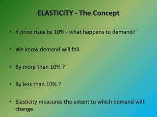 ELASTICITY - The Concept
• If price rises by 10% - what happens to demand?
• We know demand will fall.
• By more than 10% ?
• By less than 10% ?
• Elasticity measures the extent to which demand will
change.
 