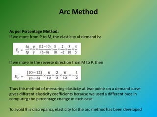 Arc Method
As per Percentage Method:
If we move from P to M, the elasticity of demand is:
If we move in the reverse direction from M to P, then
Thus this method of measuring elasticity at two points on a demand curve
gives different elasticity coefficients because we used a different base in
computing the percentage change in each case.
To avoid this discrepancy, elasticity for the arc method has been developed
 