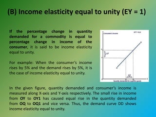 (B) Income elasticity equal to unity (EY = 1)
If the percentage change in quantity
demanded for a commodity is equal to
percentage change in income of the
consumer, it is said to be income elasticity
equal to unity.
For example: When the consumer’s income
rises by 5% and the demand rises by 5%, it is
the case of income elasticity equal to unity.
In the given figure, quantity demanded and consumer’s income is
measured along X-axis and Y-axis respectively. The small rise in income
from OY to OY1 has caused equal rise in the quantity demanded
from OQ to OQ1 and vice versa. Thus, the demand curve DD shows
income elasticity equal to unity.
 