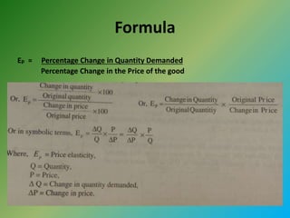 Formula
Ep = Percentage Change in Quantity Demanded
Percentage Change in the Price of the good
 