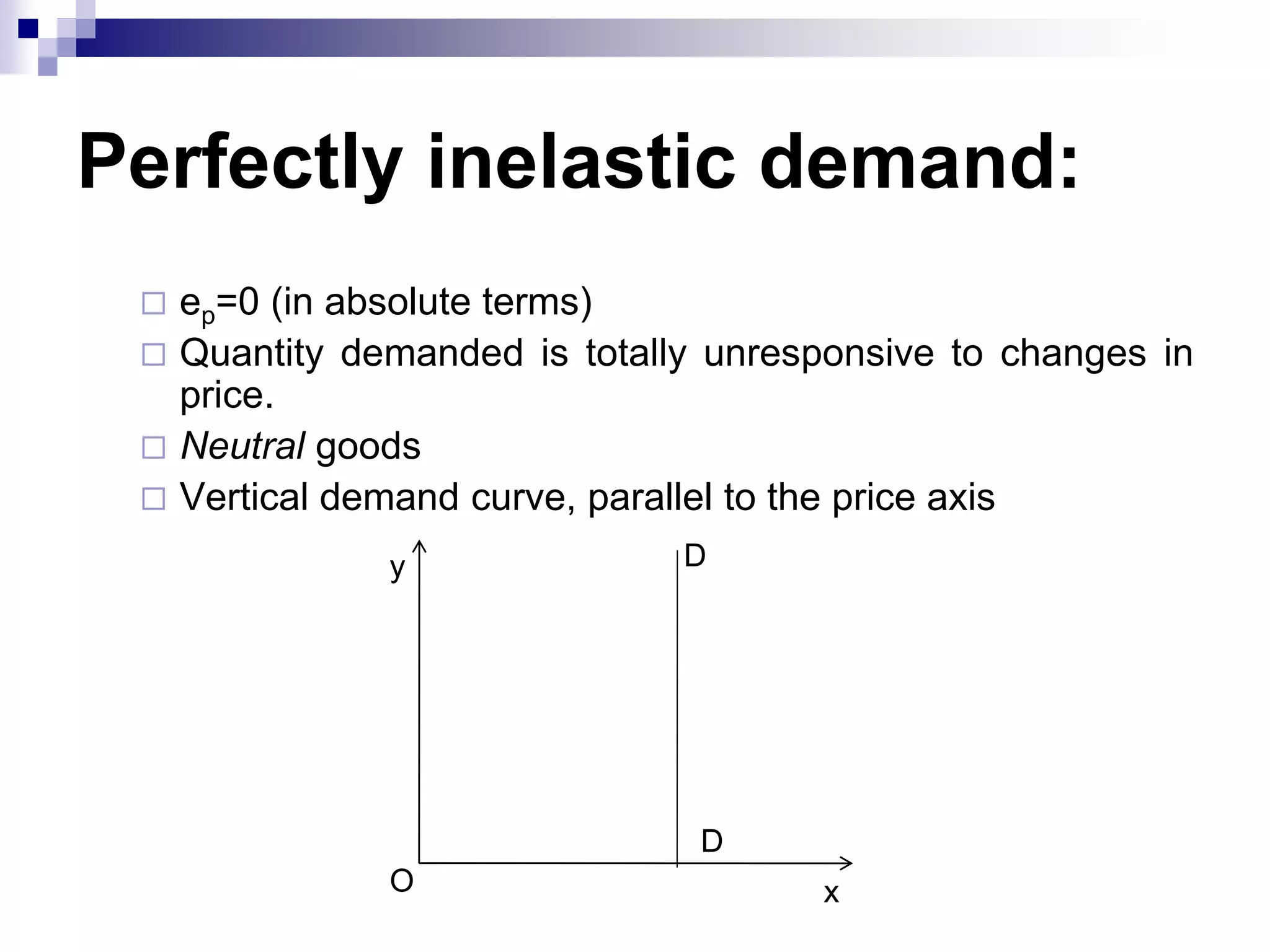 Perfectly inelastic demand:
 ep=0 (in absolute terms)
 Quantity demanded is totally unresponsive to changes in
price.
 Neutral goods
 Vertical demand curve, parallel to the price axis
D
D
O x
y
 