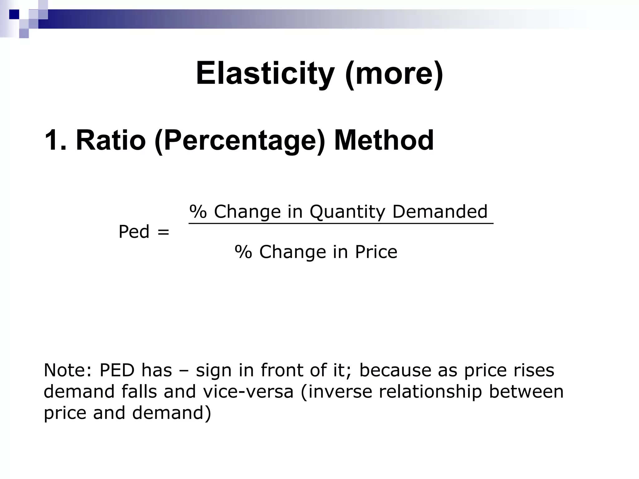 Elasticity (more)
Ped =
% Change in Quantity Demanded___________________________
% Change in Price
Note: PED has – sign in front of it; because as price rises
demand falls and vice-versa (inverse relationship between
price and demand)
1. Ratio (Percentage) Method
 