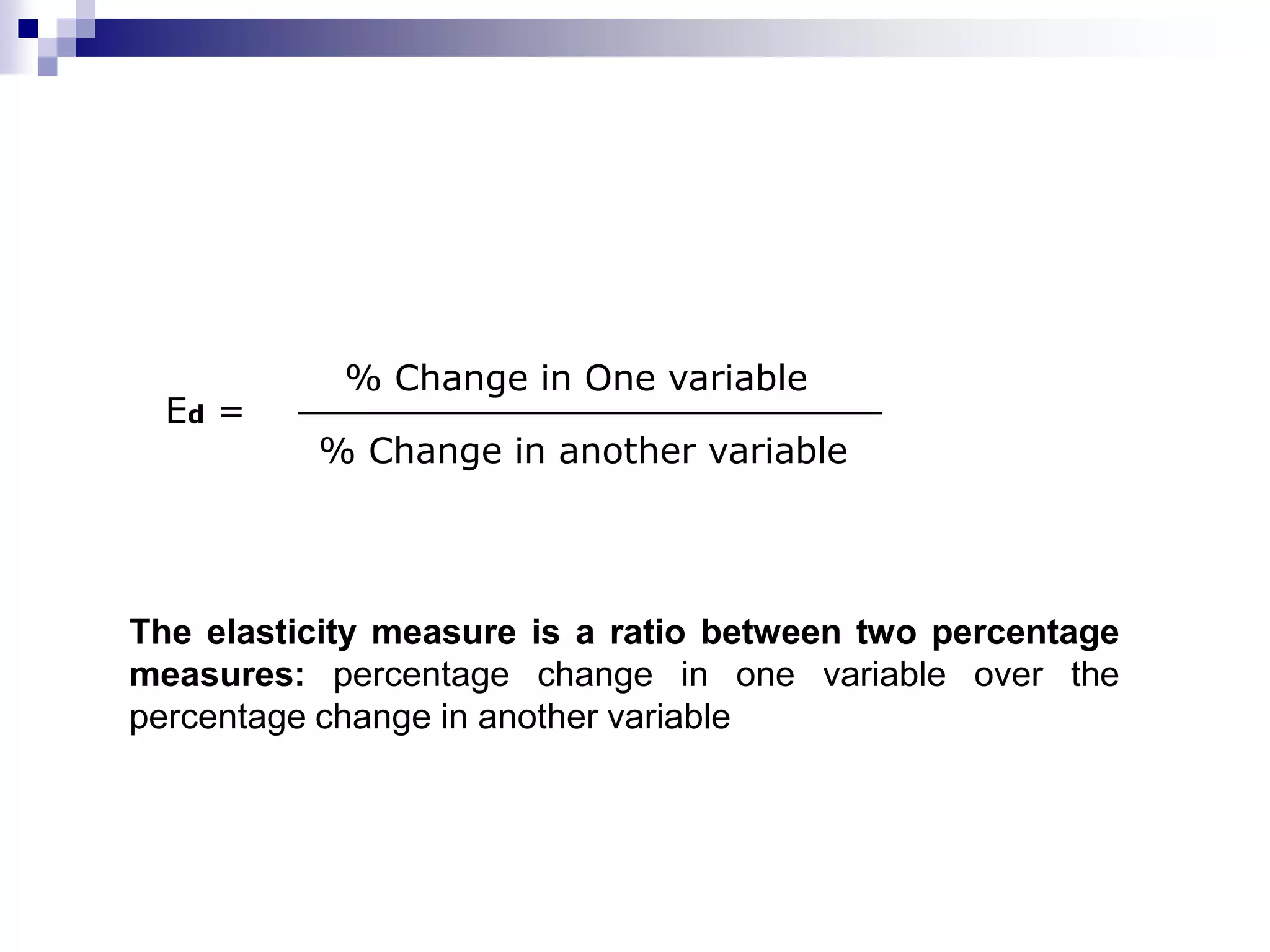 Ed =
% Change in One variable
__________________________
% Change in another variable
The elasticity measure is a ratio between two percentage
measures: percentage change in one variable over the
percentage change in another variable
 