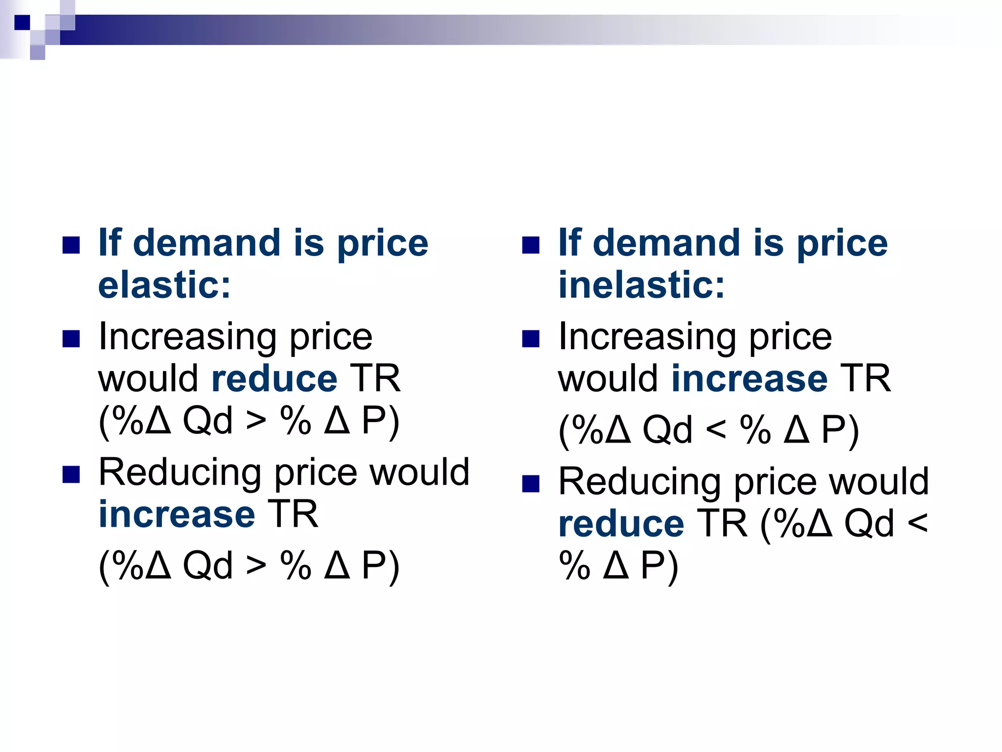  If demand is price
elastic:
 Increasing price
would reduce TR
(%Δ Qd > % Δ P)
 Reducing price would
increase TR
(%Δ Qd > % Δ P)
 If demand is price
inelastic:
 Increasing price
would increase TR
(%Δ Qd < % Δ P)
 Reducing price would
reduce TR (%Δ Qd <
% Δ P)
 